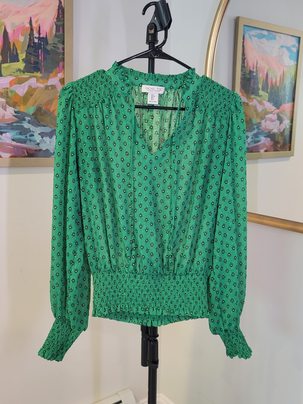 EUC RACHEL ZOE Green Smocked Waist Semi Sheer Blouse Long Sleeve Women's S